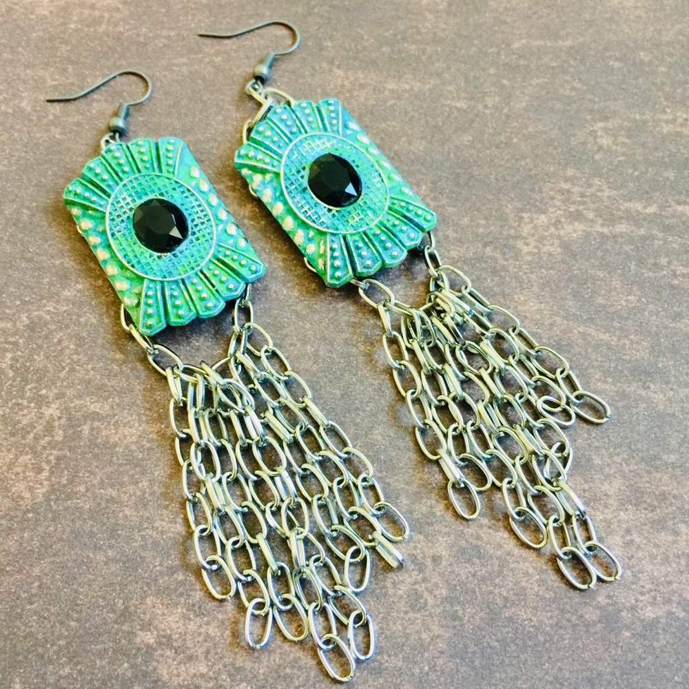 Handmade verdigris Art Deco chain dangle earrings